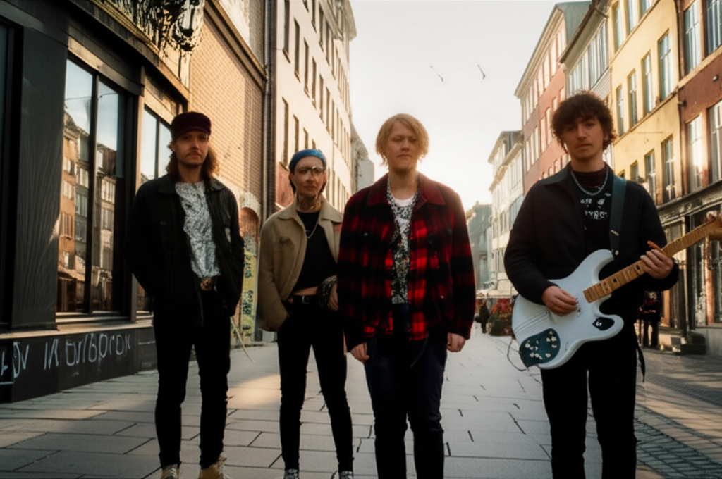 An indie rock band in a cool urban setting