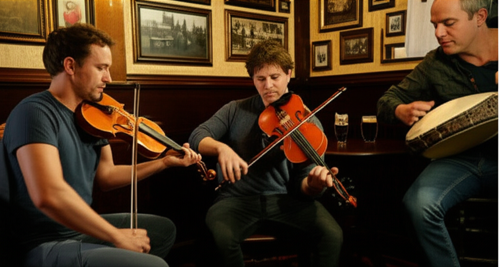 A trio playing traditional Irish music in a pub