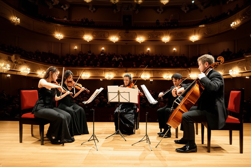 A string quartet performing in an ornate hall